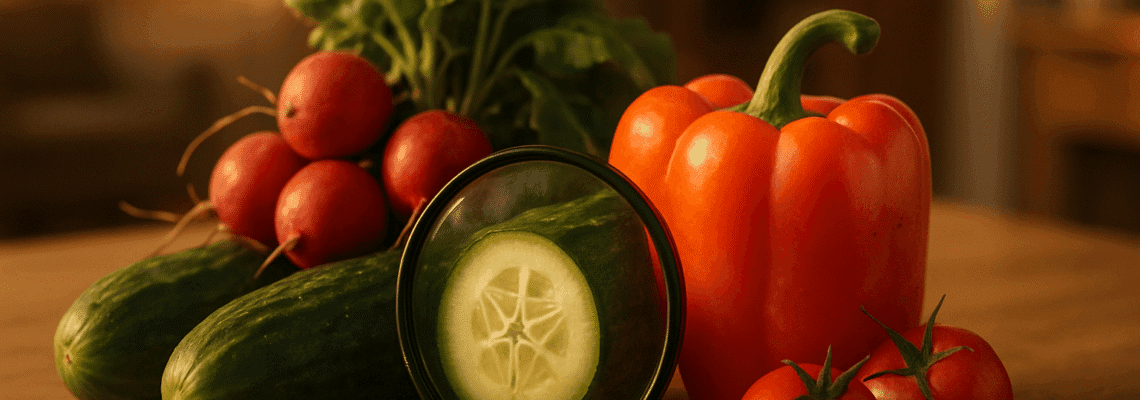 Pomidorai ir agurkai ant stalo