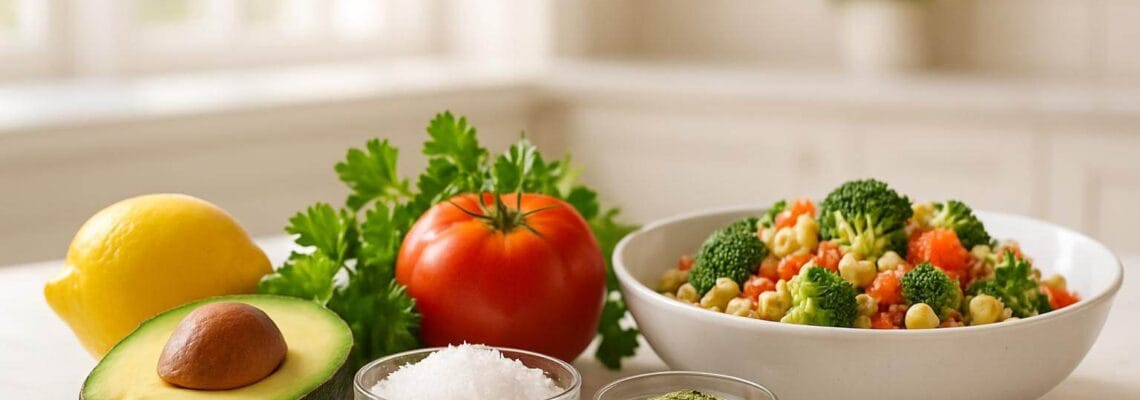 Druska ir daržovės ant virtuvės stalo