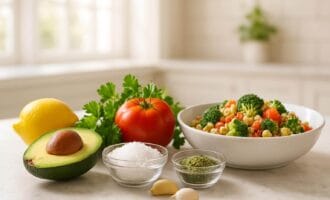 Druska ir daržovės ant virtuvės stalo