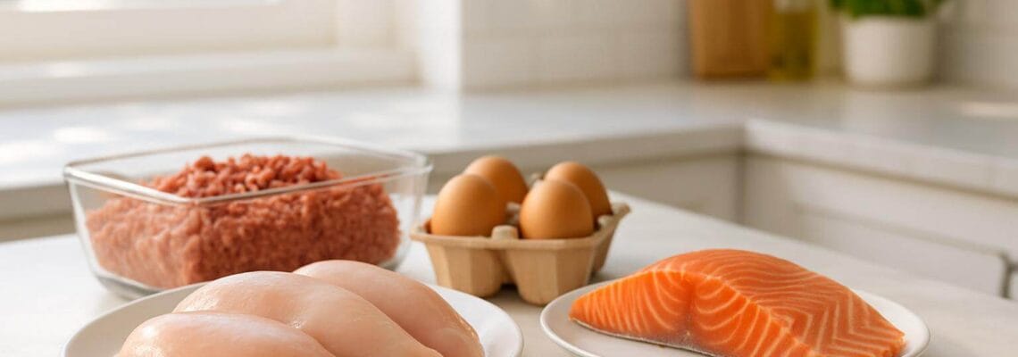 Kiaušiniai, faršas, lašiša ir vištienos krūtinėlė ant stalo