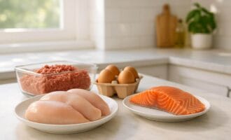 Kiaušiniai, faršas, lašiša ir vištienos krūtinėlė ant stalo