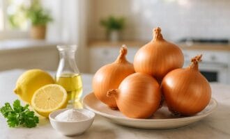 Svogūnai, citrinos ir druska ant stalo