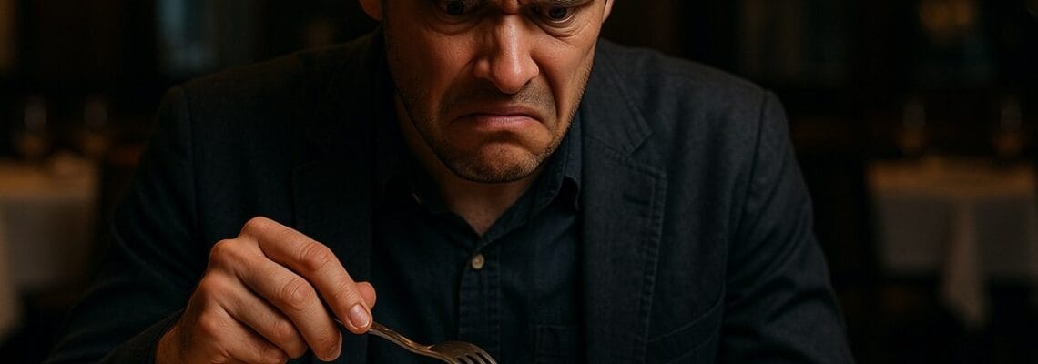 Vyras valgo prie stalo ir nepatenkintas maistu