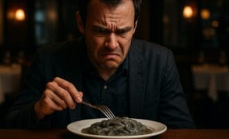 Vyras valgo prie stalo ir nepatenkintas maistu